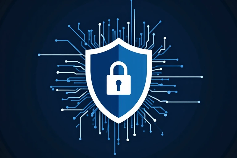 Symboliczne przedstawienie ochrony danych, tarcza z zamkiem otoczona abstrakcyjnymi elementami cyfrowymi.
